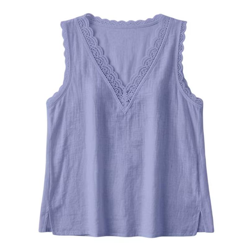 Womens Casual Summer Sleeveless V Neck Lace Trim Shirt