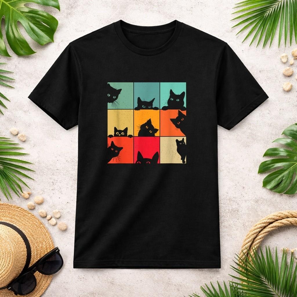 Funny Retro Vintage Curious Black Cat for Cats Lover T-Shirt XXXXL