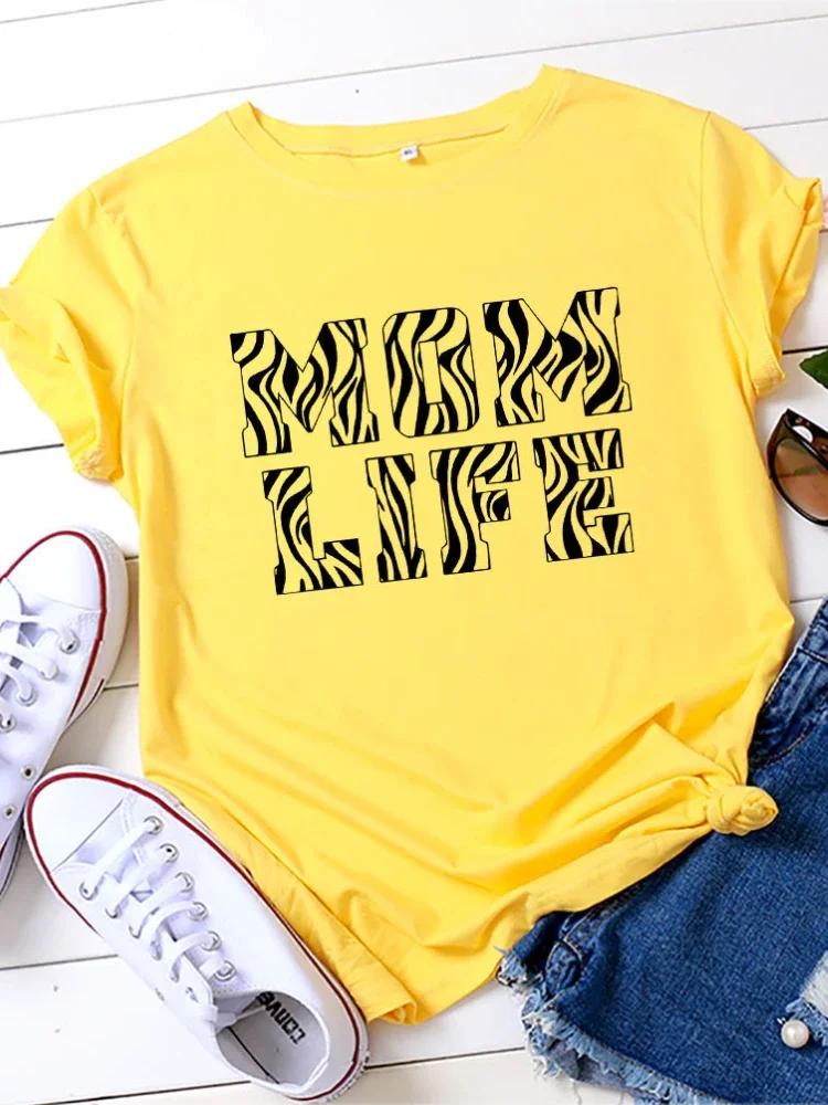 Zebra Stripes MOM LIFE Letter Print T Shirt Women Short Sleeve O Neck Loose Tshirt Summer Women Tee Shirt Tops Camisetas Mujer