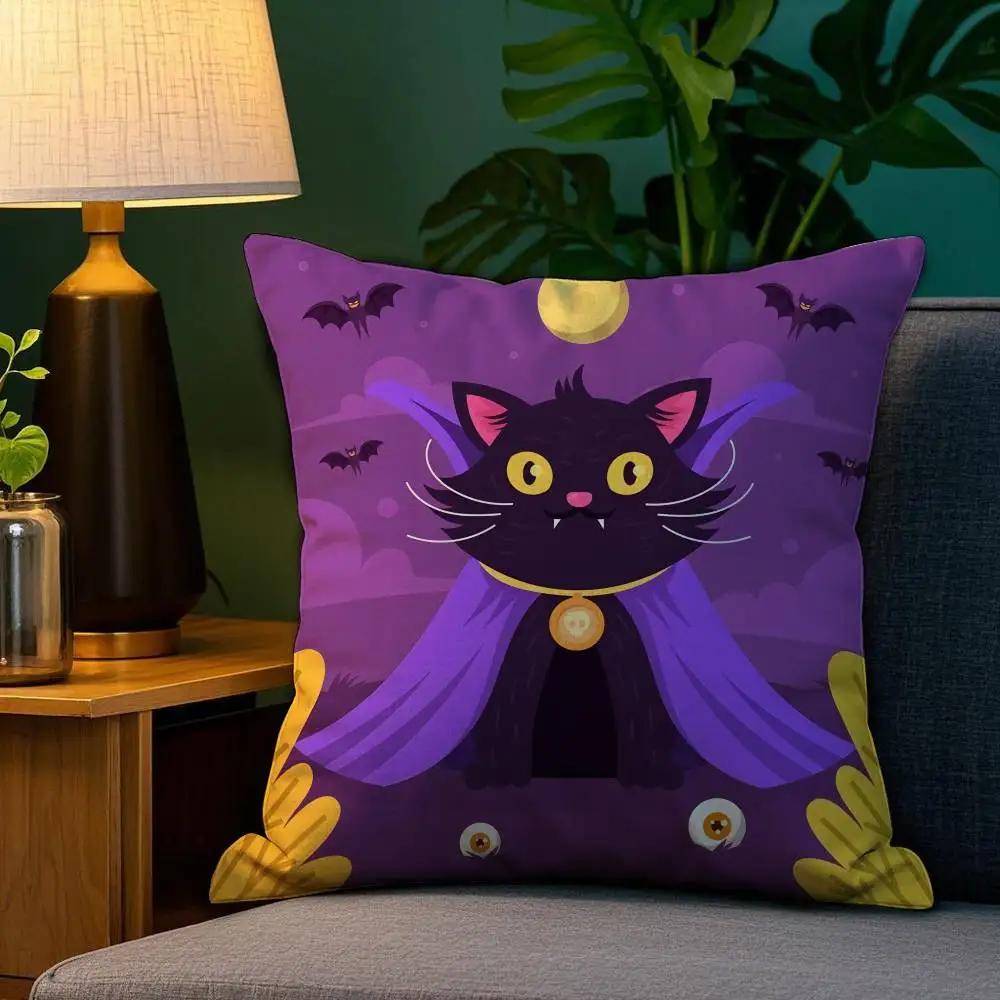 Halloween Cute Purple Cat Pillow Case Plush Fabric Soft Double Sided Print Sofa Cushion Cover Throw Pillow Covers