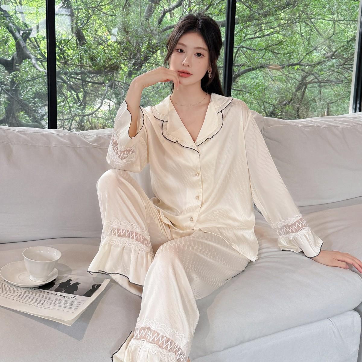 

Парні піжами жіночі льодяний шовк імітація шовку довгі рукави літо високоякісний одяг для дому весна та осінь тонкий костюм XXL