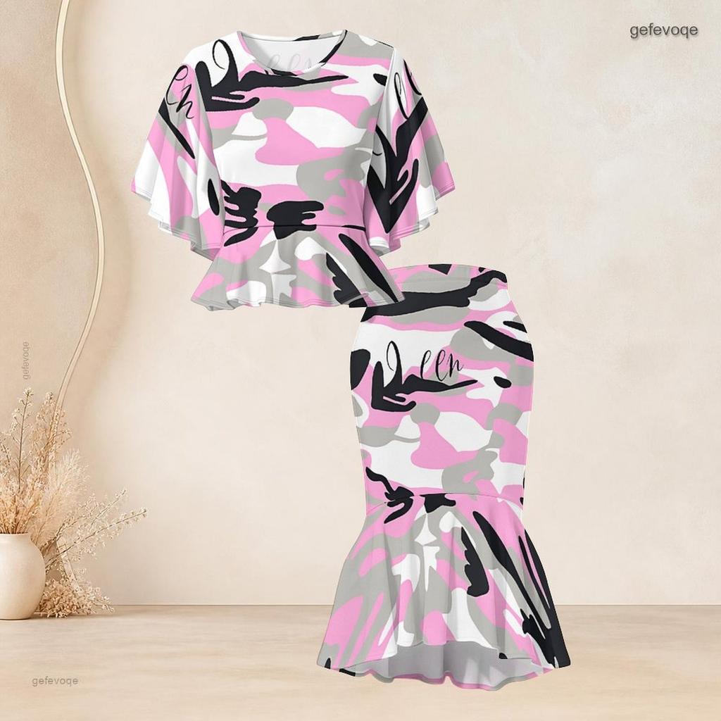 Women Plus Size Two Piece Set Round Neck Batwing Sleeve Printed Ruffle Hem Top Fishtail Skirt Silver Black