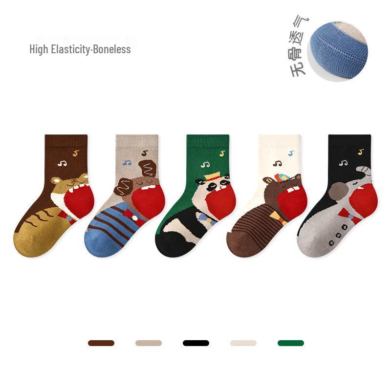 Children's Cartoon Animal Cotton Socks - 2025 Autumn/Winter Collection, Seamless Color Block Sporty Style for Boys