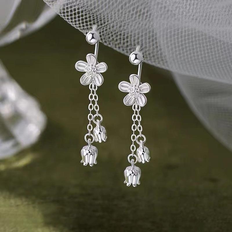 Real 925 Silver Flower Short Chain Tassel Stud Earrings For Women Classic Fine Jewelry Niche Light Accessories
