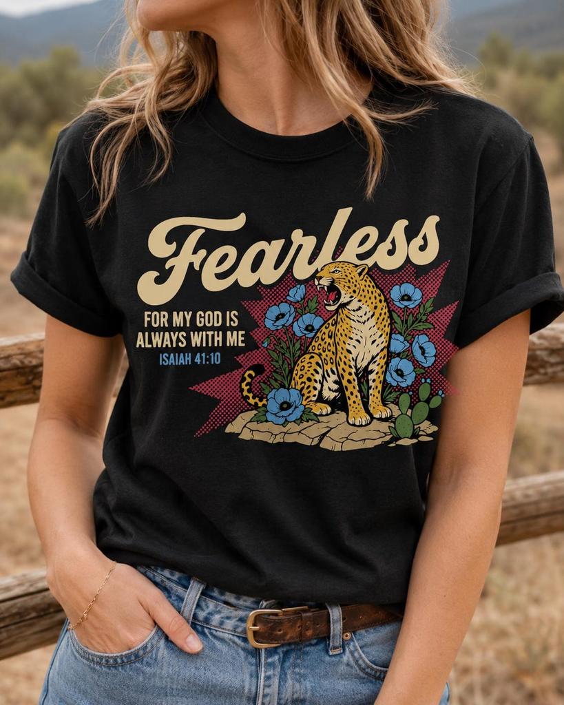 Fearless Shirt, Isaiah 41:10 Bible Verse Tee, Christian Leopard Floral Design, Jesus Faith Gift, God Is With Me Quote, Spiritual Inspiration