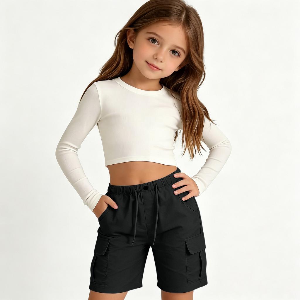 Girls Casual Cargo Shorts with Drawstring Waist Adjustable Fit Multi Pocket Design Lightweight Breathable Fabric Suitable for Everyday Wear