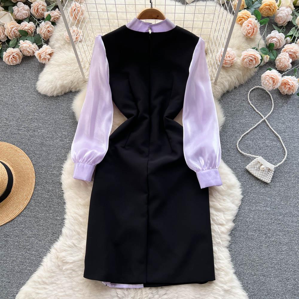 Vår Høst Kjendis Vintage Cheongsam Blyantkjole Dame Ny mote Langermet Mesh Patchwork Elegante Perlebue Festkjoler