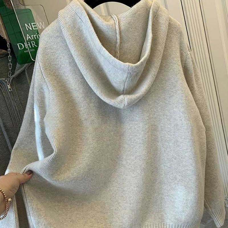 Autumn Winter Simple Embroidery Heart Loose Korean Version Thick Warm Zipper Cardigan Hooded Knitted Sweater Women's Coat Trend