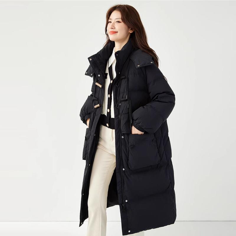 Women's Long Loose Light Down Jacket Autumn Winter Hooded Straight White Duck Down Coat Stand Collar Big Pocket Solid Color