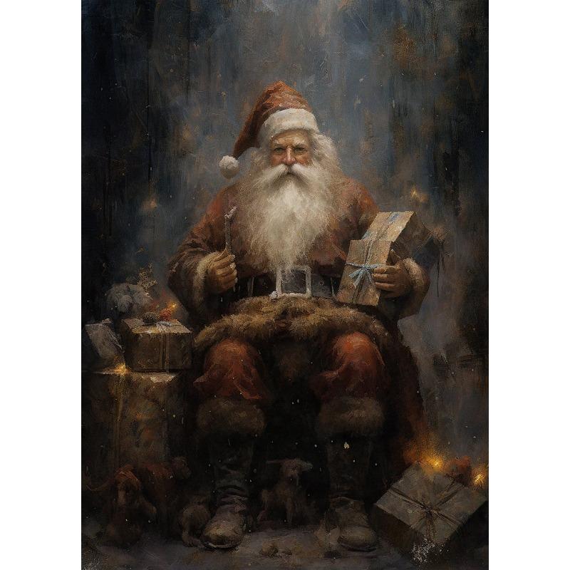 Winter Pine Forest Santa Claus Rustic Landscape Poster  Christmas Canvas Painting, Dark Academia, Antique Vintage Home  Decor