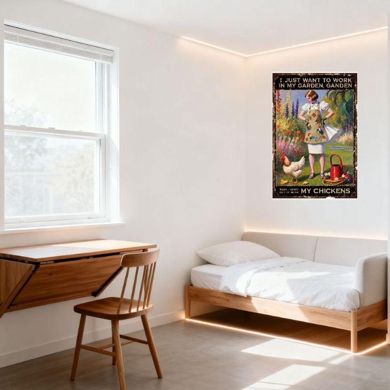 Vintage Garden Chickens Metal Tin Sign - Woman In Floral Apron Watering Can Garden Scene Wall Decor for Home Bar Café