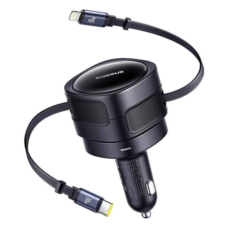 Baseus 90W Car Charger Type-C iP Dual Retractable Cable Phone Charger PD QC SCP AFC PPS Fast Charging For iPhone Samsung Xiaomi
