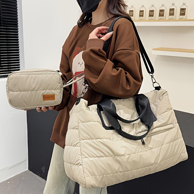 2pcs Large Capacity Padded Women's Tote Bag Set for Travel Fashionable Winter Quilted Handbags Designer Shoulder Bags for Women