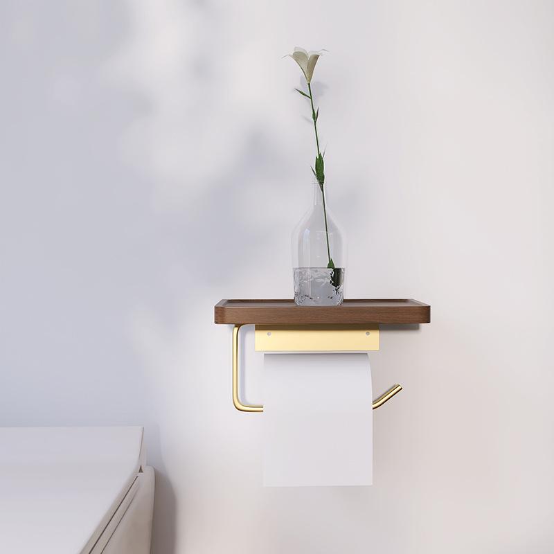 Wood Bathroom Paper Towel Holder Brushed Gold Toilet Paper Roll Holder Wall-mounted Cell Phone Shelving Toilet Paper Box