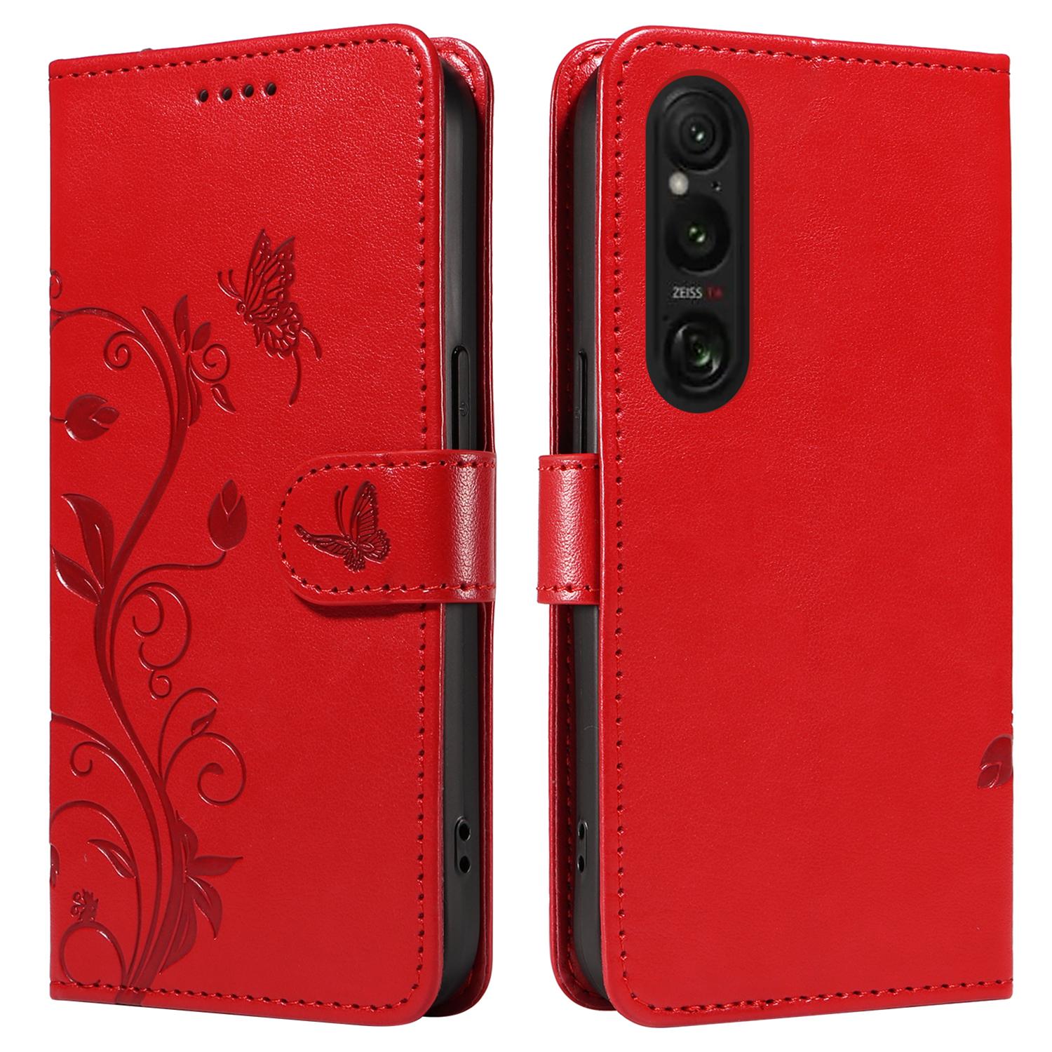 

For Sony Xperia 1 VI PU Leather Cases Flower Pattern Wallet Stand Phone Cover with Strap Red