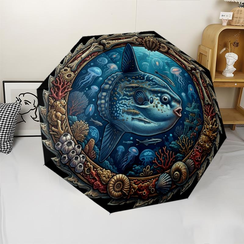 Oceanic Marine Life Emblem Pattern Umbrella, Portable and Foldable Design, 8 Ribs, a Casual Accessory for Halloween, Christmas, and Birthday Gifts.