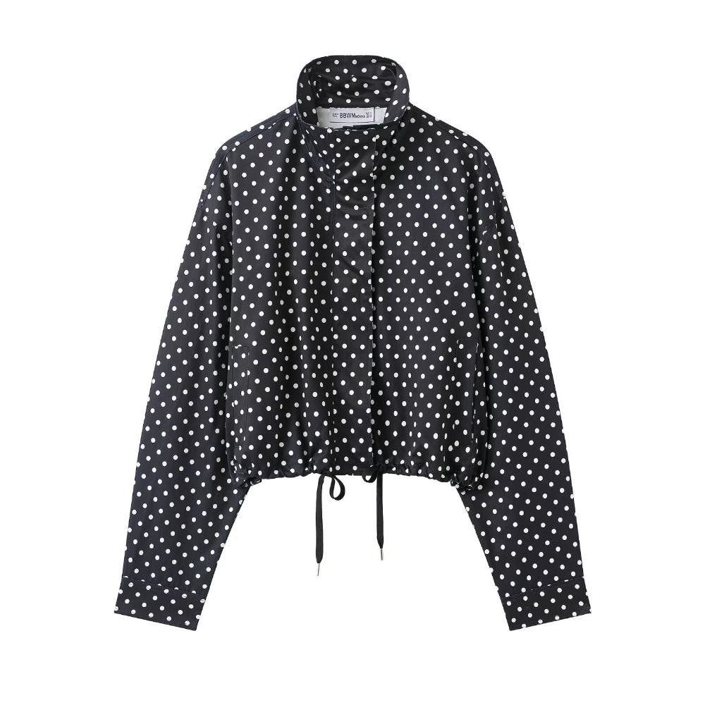 Women's High Neck Long Sleeve Polka Dot Jacket Loose Fit Two Piece Matching Mini Shorts Set Streetwear Spring Outfit