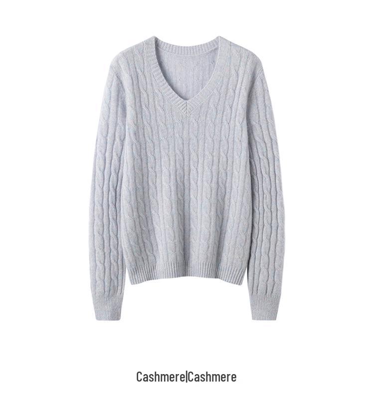 Women's 100% Pure Cashmere V-Neck Cable Knit Sweater - Bright Silk, Loose Fit, Long Sleeve
