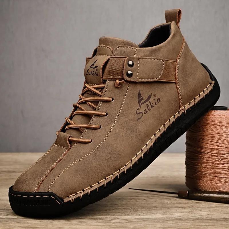 Fashion Winter New Men's Low-top Ankle Boots High Quality Hand-stitched Hook&loop Leather Casual Sneakers Classic Man Shoes Plus Size 48