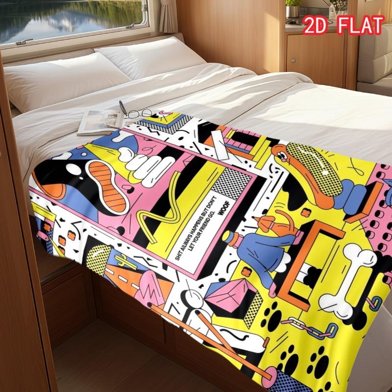 Pop Art Cartoon Dog Bone Hot Dog Colorful Graffiti Quote Print Soft Flannel Throw Blanket Lightweight Warm Sofa Couch Bed Home Decor Cover
