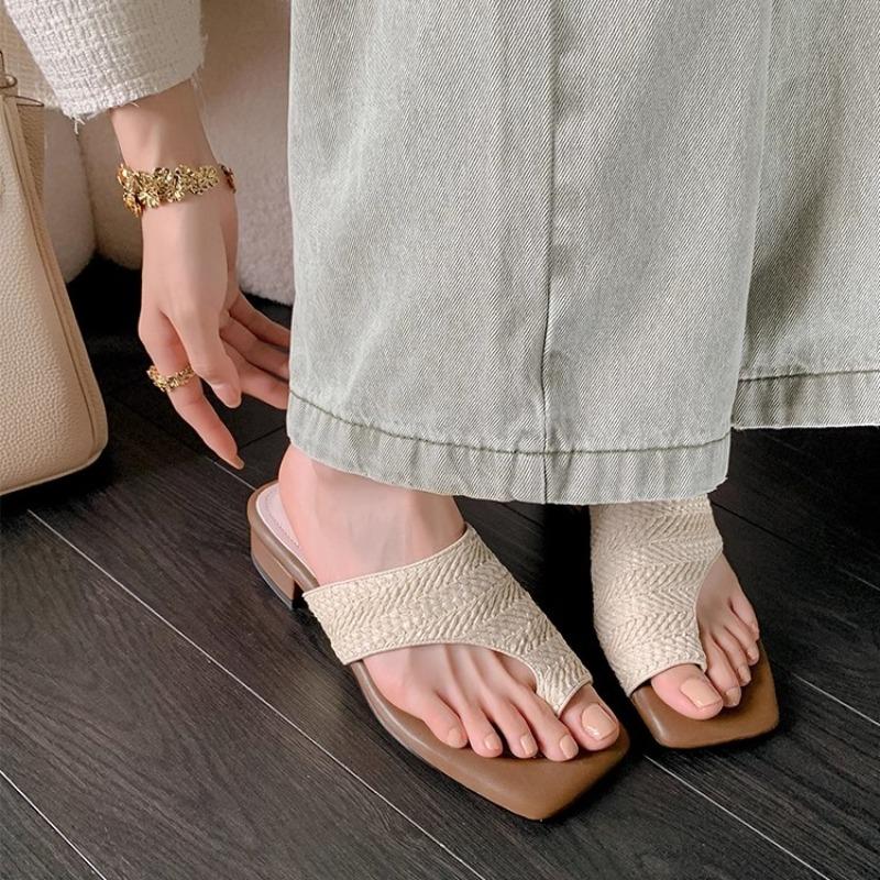 Fashion 2025 Fashion Square Toe Women Weave Kitting Sandals Thick Heels Slip on Solid Color Casual Street Summer Shoes for Ladies