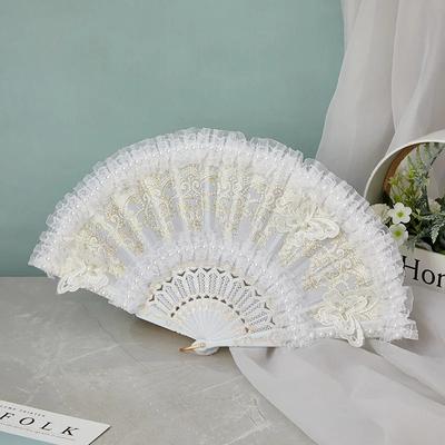 White Lolita Lace Hand Fan for Party Wedding Bride Hand Fan Decoration with Imitation Pearls DIY Handmade Fashion Photo Prop