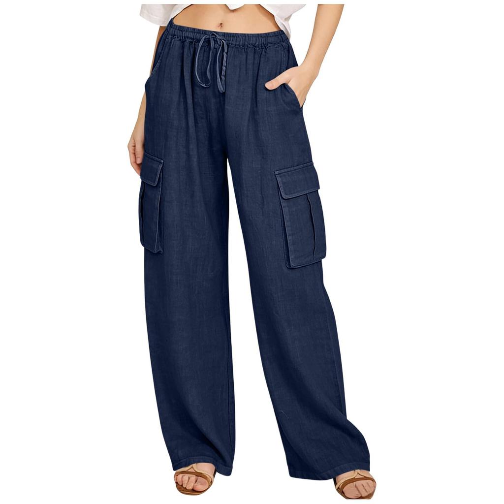 Pantaloni Casual da Donna a Gamba Dritta con Vestibilità Larga, Tasche, Coulisse in Vita e Design Rilassato