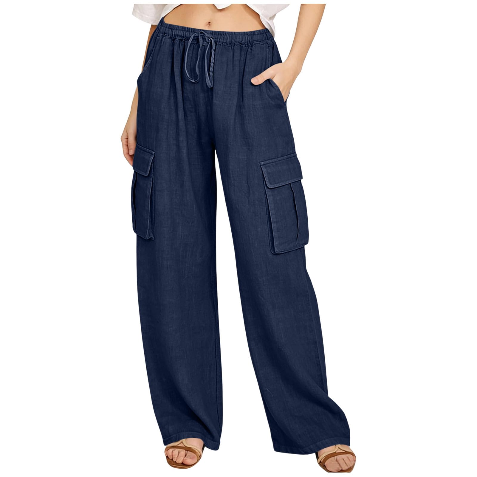

Women s Loose-fitting, -color, Straight-leg Casual Pants With Drawstring And Pockets. XL Темно-синій