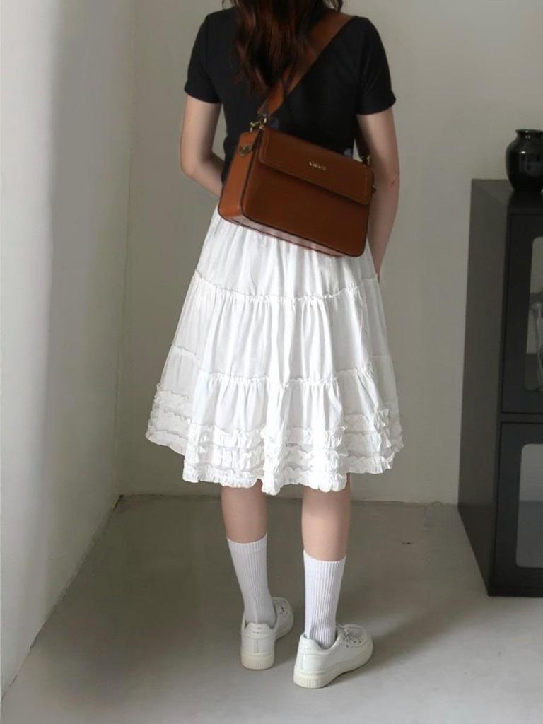 White Sweet Ruffled A-line Midi Skirt - Women's Summer High-Waisted Versatile Petite Style