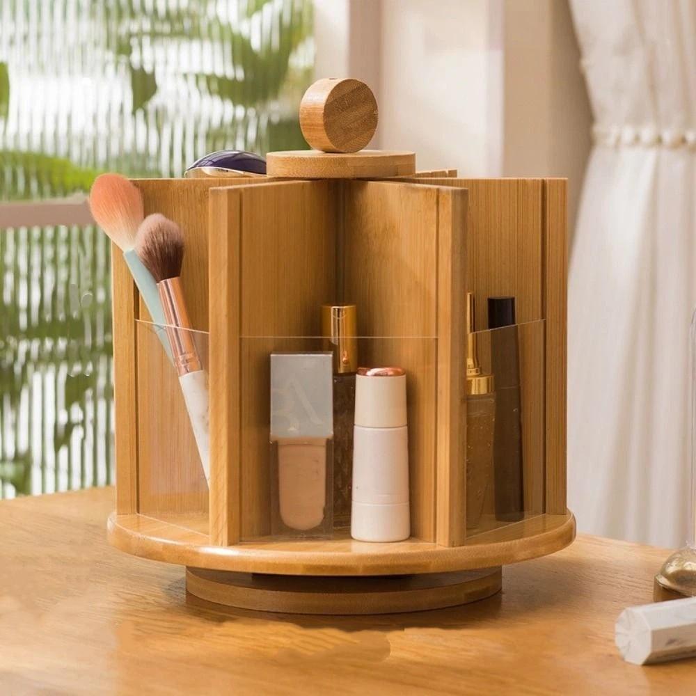 Large Capacity Rotating Cosmetic Storage Box Bamboo Makeup Organizer Cosmetic Display Rack Desktop