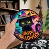 Wooden Halloween Sign with Black Cat Pattern Design - Unique Wall Pediments with Happy Halloween - Ideal for Front Door, Yard, Porch, Room Decor