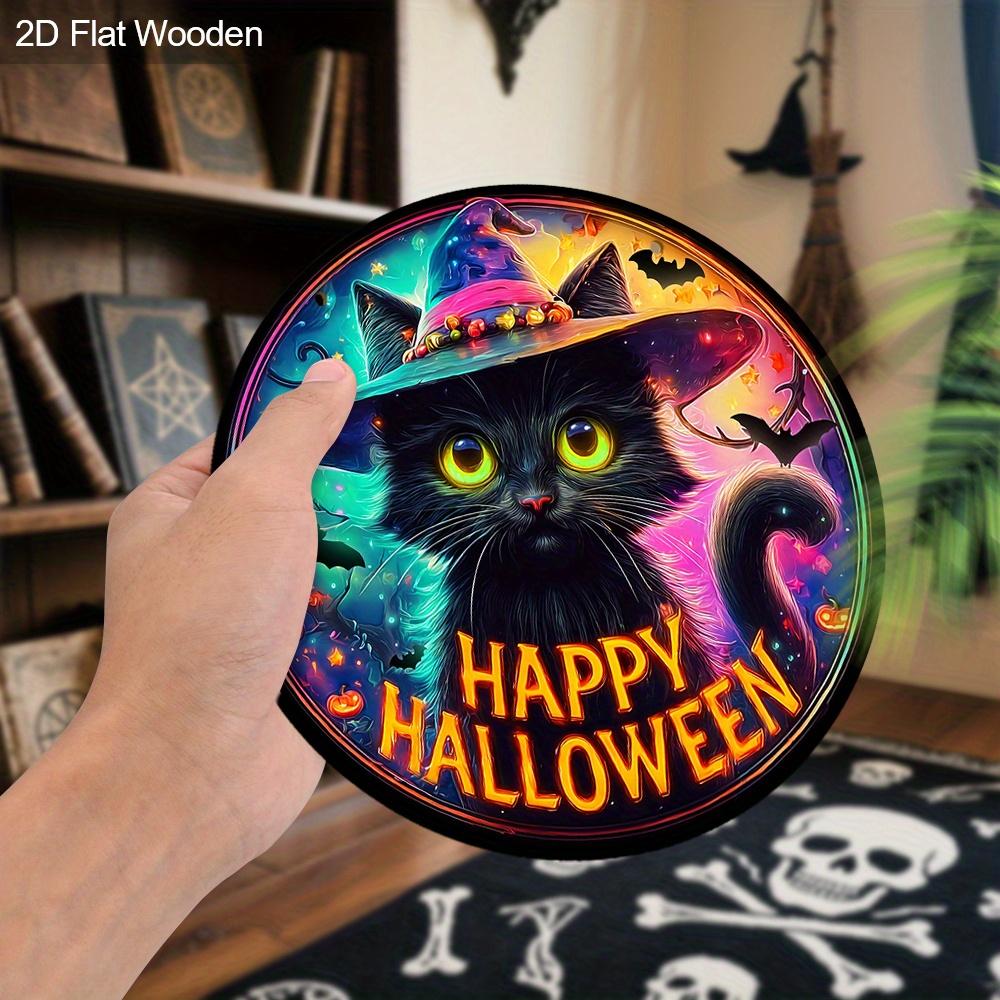 Wooden Halloween Sign with Black Cat Pattern Design - Unique Wall Pediments with Happy Halloween - Ideal for Front Door, Yard, Porch, Room Decor