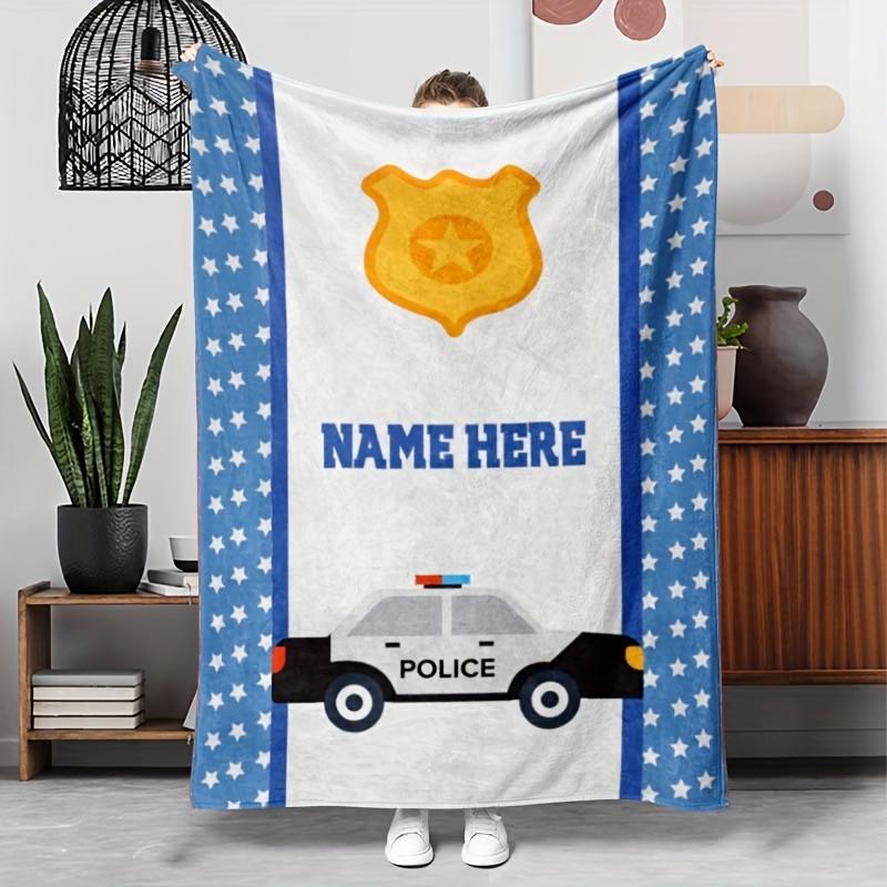 1pc Personalized Name Custom Cartoon Police Bulldozer Pattern Flannel Blanket, Lightweight and Soft Blanket, Gift Blanket for Family and Friends