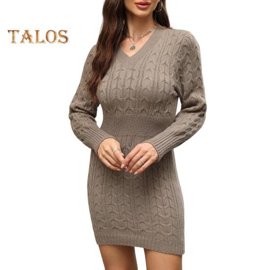 Vestido feminino outono inverno malha grossa decote em v ajuste fino mangas compridas acima do joelho textura torcida cor pura bainha escritório festa mini vestido