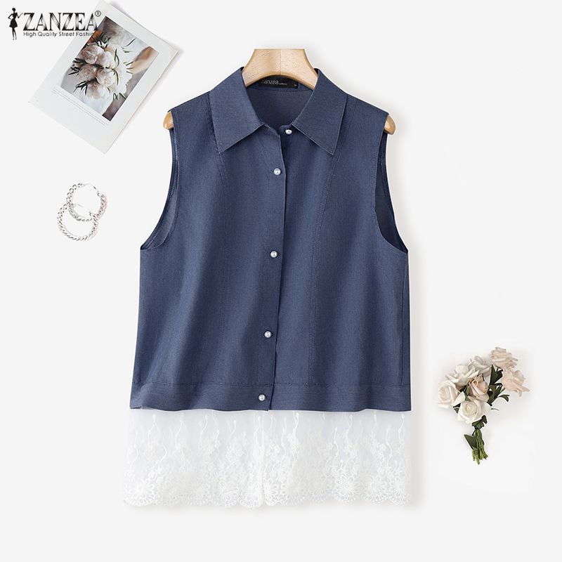 ZANZEA Women Summer Casual Lace Splice Loose Sleeveless Vest Tops