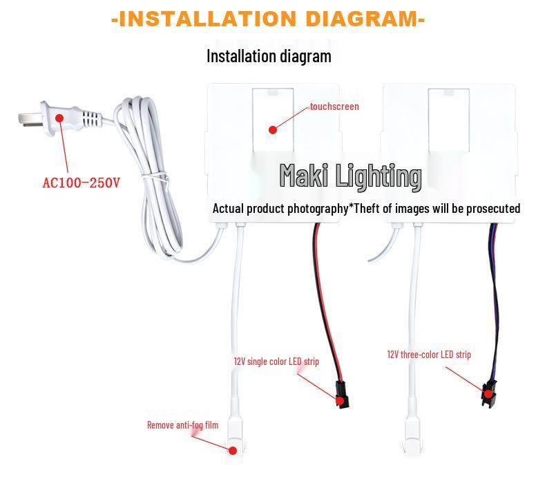 Integrated Mirror Touch Switch with Defogger & LED Strip Controller, 24W, 110-220V