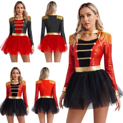 Women Sequins Circus Ringmaster Cosplay Costume Long Sleeve Fringed Shoulder Tulle Leotard Dress Halloween Dress Up Costume