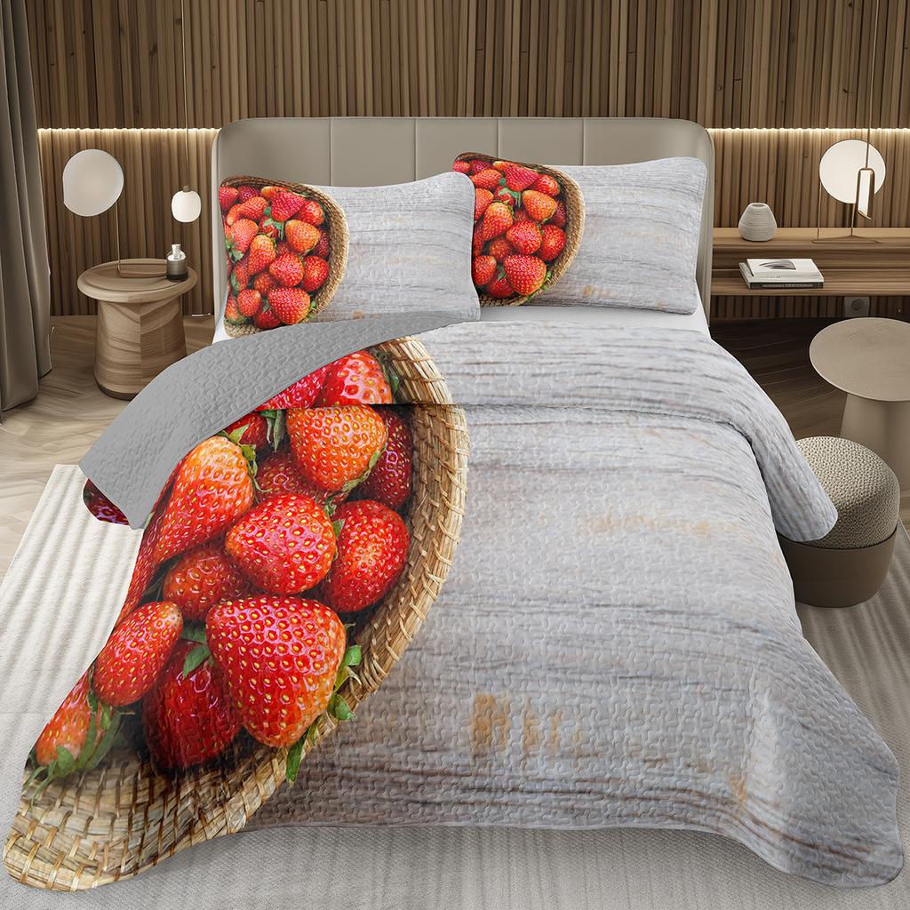 Strawberry Bedspread Kawaii Fruit Coverlet Twin King Size Cute Strawberries Quilt Set For Kids Girls Teens Adult Bedroom Decor
