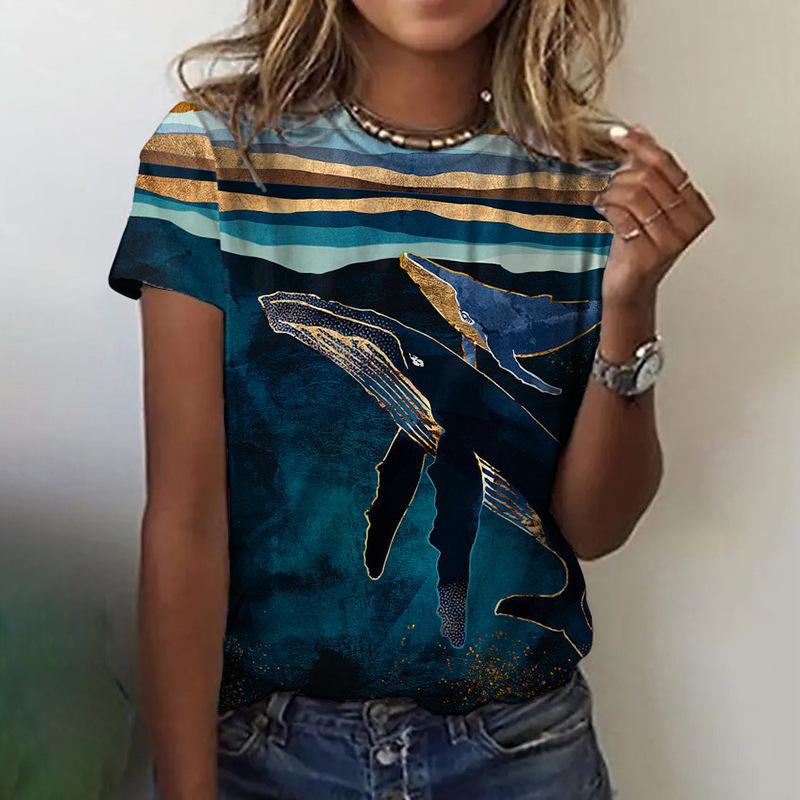 Summer Round Neck 3D Feather Animal Simplicity Print Top Fashionable Casual Short Sleeved Women's T-shirts