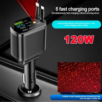 Retractable Car Charger 5 In 1 Fast Charging with with USB C Lightning Cable Roof Starlight Car Charger Adapter Compatible