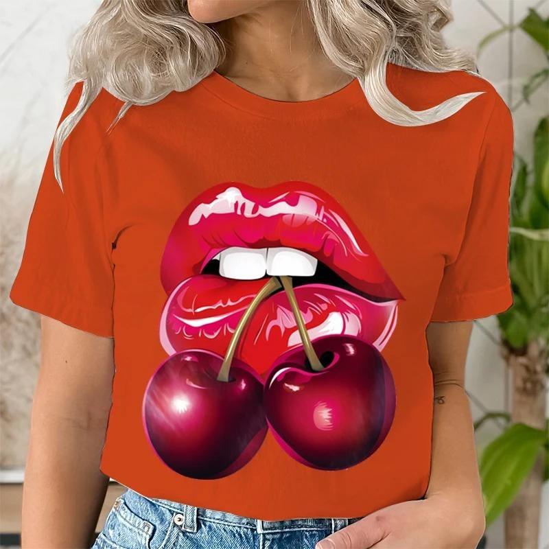 Summer Fashion Women's T-Shirt Lips Cherry 3D Printed Short Sleeve Tops Girl Loose Casual Loose Oversize Outdoor Clothing