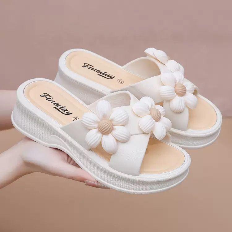 Strandsandalen Pantoletten Hausschuhe Keilabsatz Weiche Sohle Rutschfest Floral Heimschuhe für Damen Hausschuhe Frau