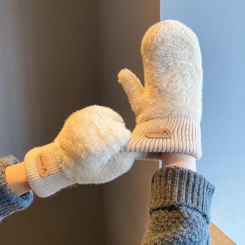 Korean Style Women's Imitation Mink Fur Gloves, Fleece-lined & Thickened for Autumn/Winter Cold Protection, Solid Color Mittens