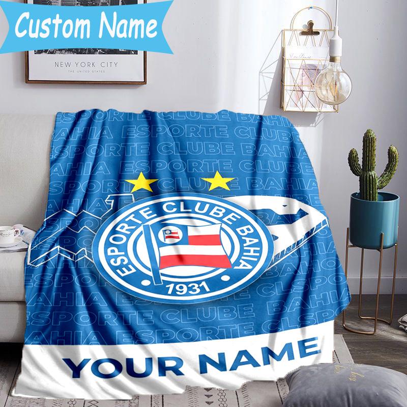 Custom Name Bahia Fc Crest Design Flannel Blanket, Use for Birthday/Holiday Gift, Soft Blanket for Sofa/Bed/Camping/Office, Home Decor