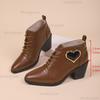 2026 Autumn Women's Brown Ankle Boots New Lace-up Chunky High Heeled Short Boots Black with Heart Decors Women Botines Size35-43