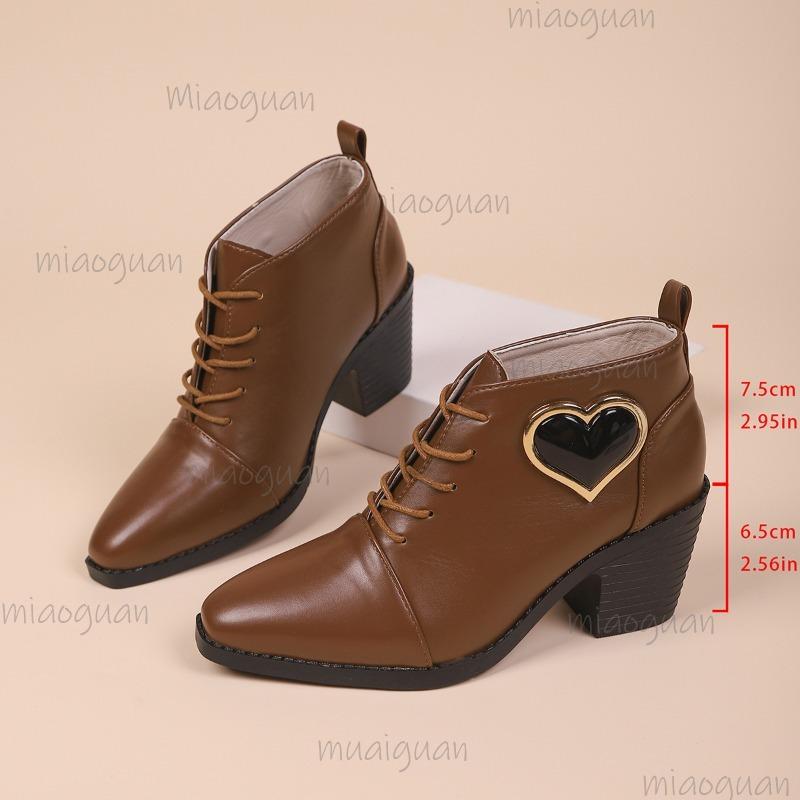 2026 Autumn Women's Brown Ankle Boots New Lace-up Chunky High Heeled Short Boots Black with Heart Decors Women Botines Size35-43