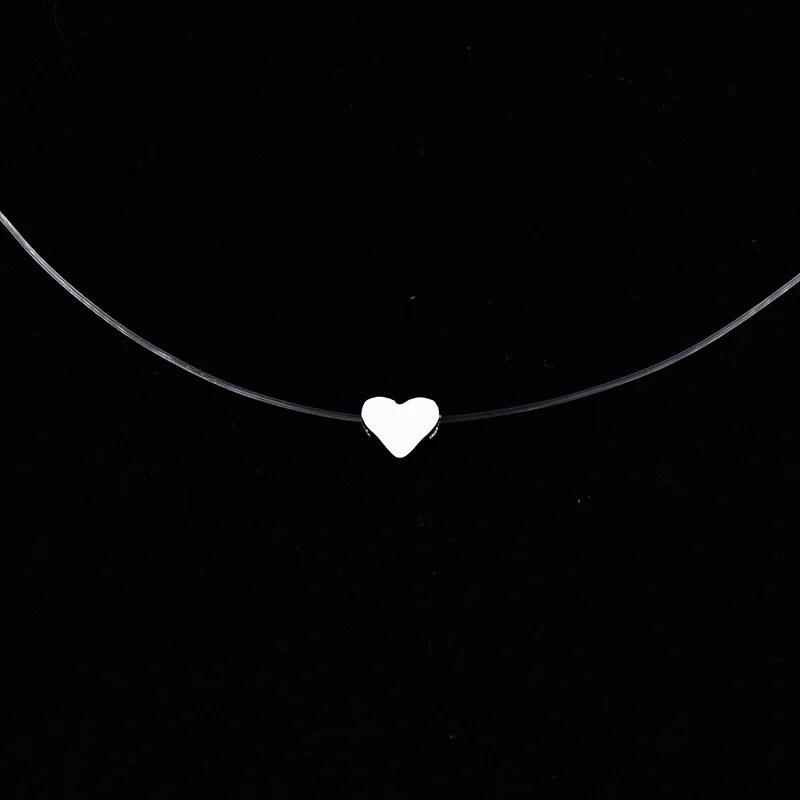Hot Female Transparent Fishing Line Necklace Silver Color Invisible Chain For Women Rhinestone Choker Collier 7-Heart