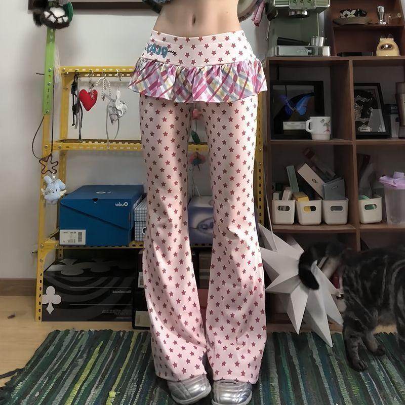 ZYLLO Damen Y2k Lange Hosen Fake Zweiteiler 2000er Kpop Mode Gyaru Niedrige Taille Schlaghosen Skinny Süß Harajuku