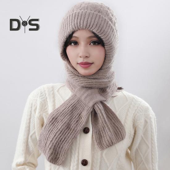Women Winter Hat with Integrated Scarf Thick Warm Knitted Windproof High Elasticity Full Protection Outdoor Travel Cold Weather Cycling Cap