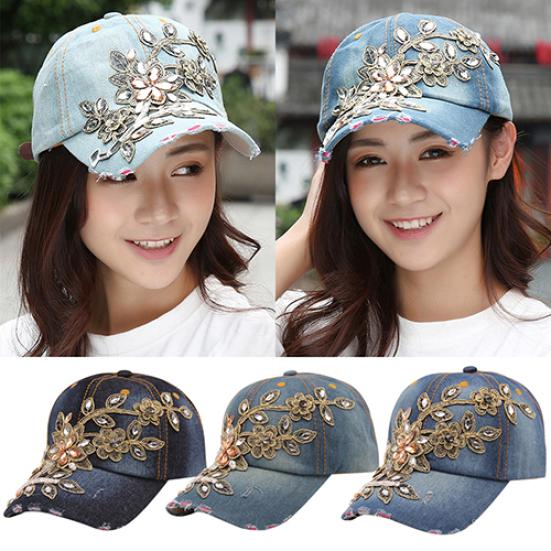Flower Embossed Rhinestone Denim Baseball Cap Summer Fashion Women Jeans Hat